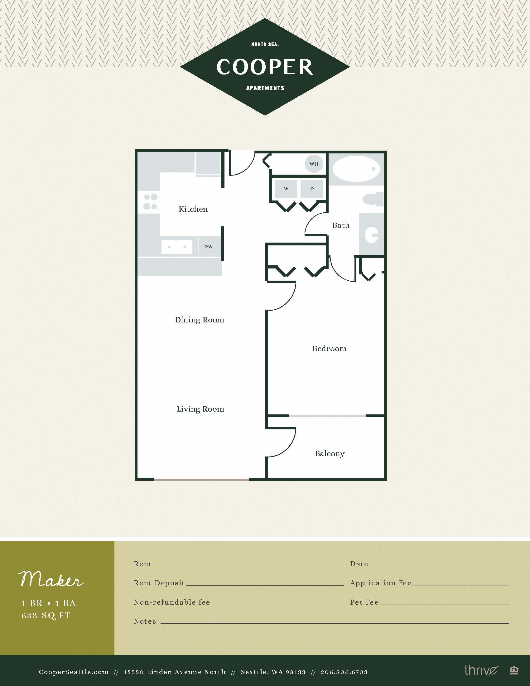 Floor plan for 1 bed, 1 bath, 662 sqft